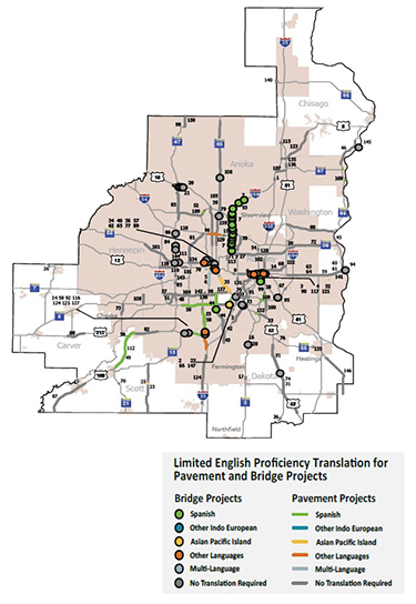Graphic: Chart showing Limited English Proficiency Translation for Pavement and Bridge Projects.